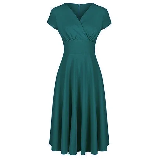 Teal Green Cross Top Cap Sleeve Vintage A Line Swing Tea Dress