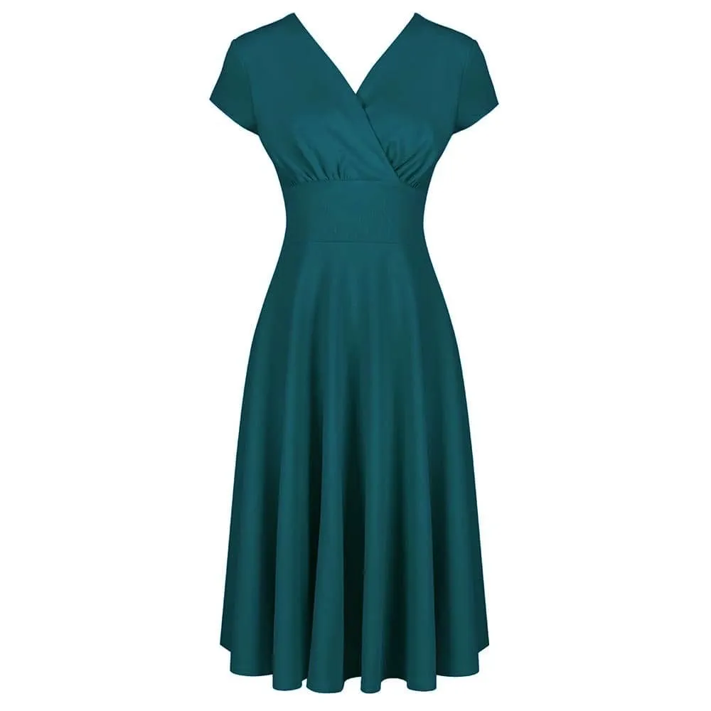 Teal Green Cross Top Cap Sleeve Vintage A Line Swing Tea Dress