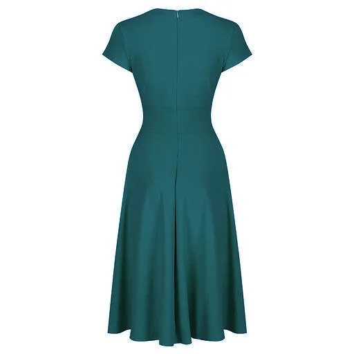 Teal Green Cross Top Cap Sleeve Vintage A Line Swing Tea Dress