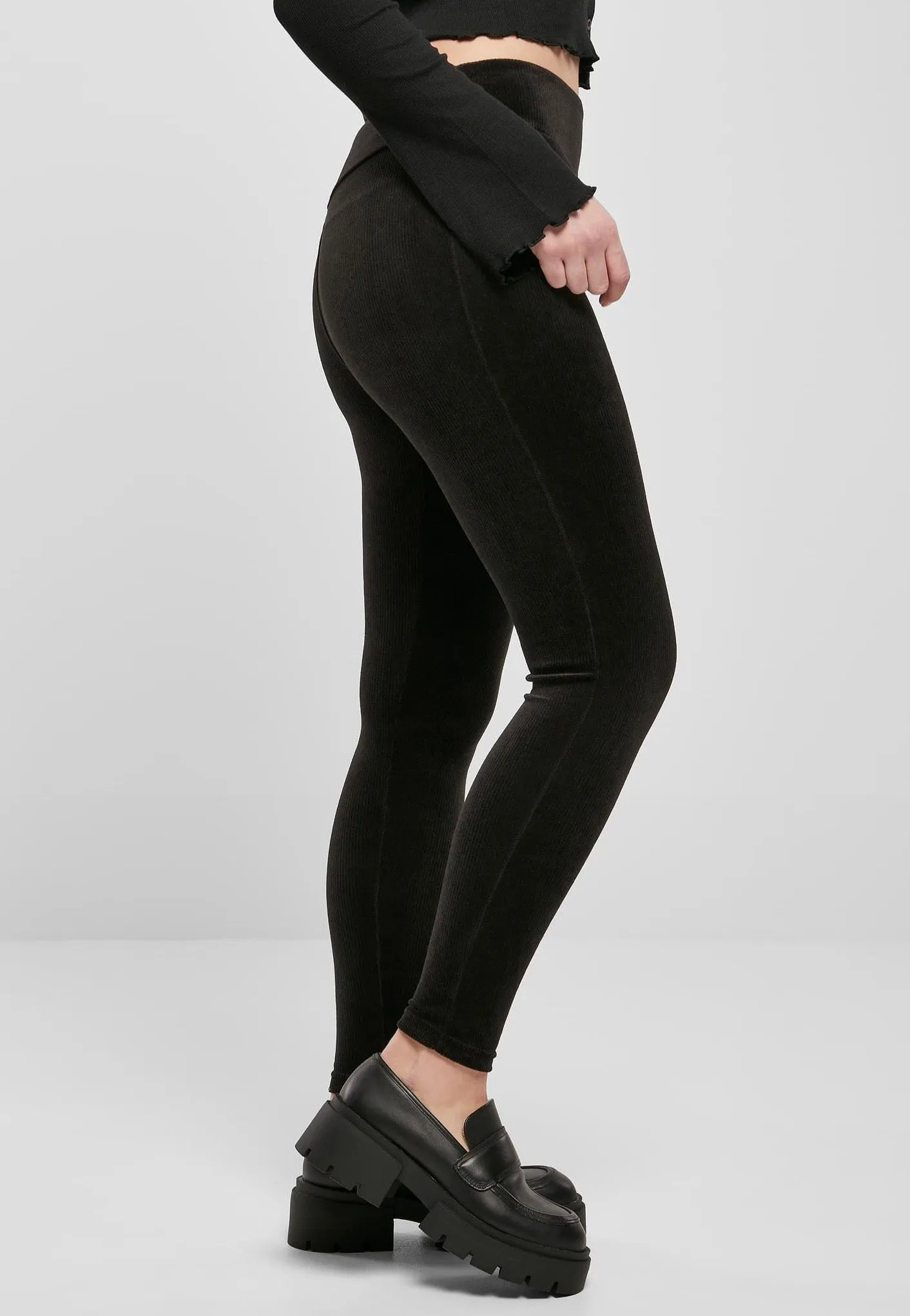 Urban Classics Ladies High Waist Rib Black Leggings - Buy Now