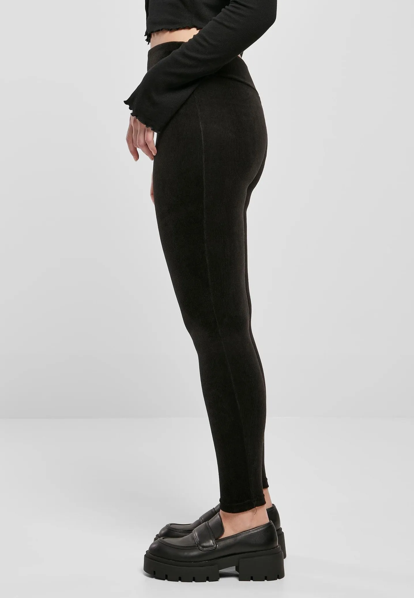 Urban Classics Ladies High Waist Rib Black Leggings - Buy Now