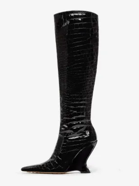 Wedge Heel Black Knee High Boots Stone Pattern for Women