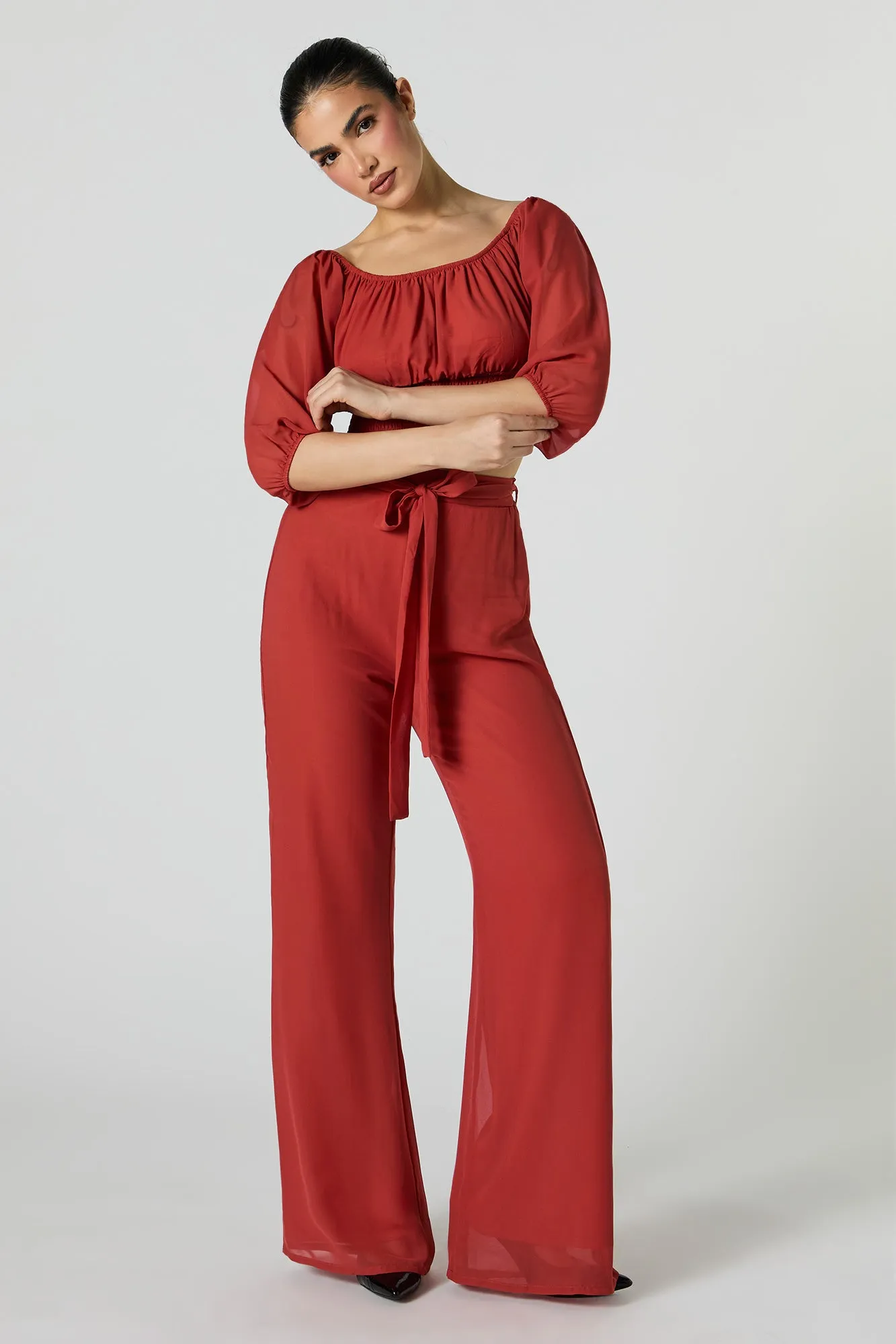 Wide Leg Chiffon Pants with Belt