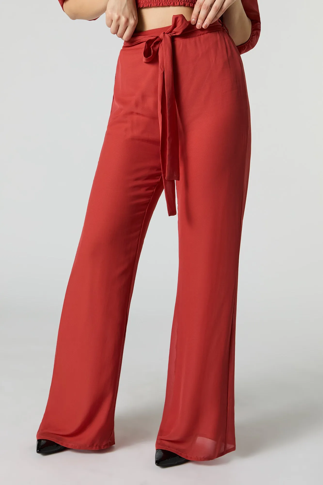 Wide Leg Chiffon Pants with Belt