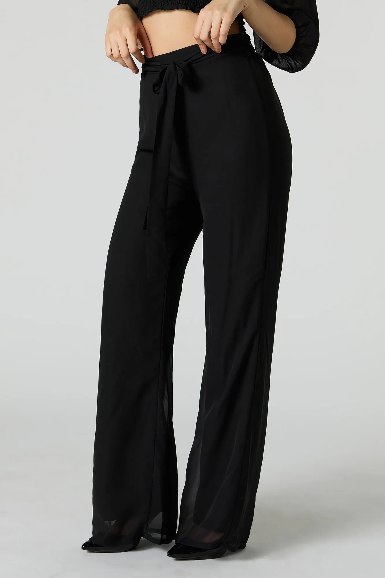 Wide Leg Chiffon Pants with Belt