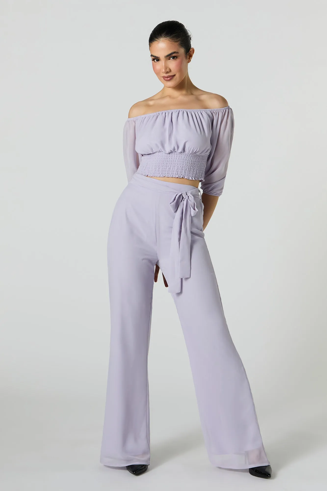 Wide Leg Chiffon Pants with Belt