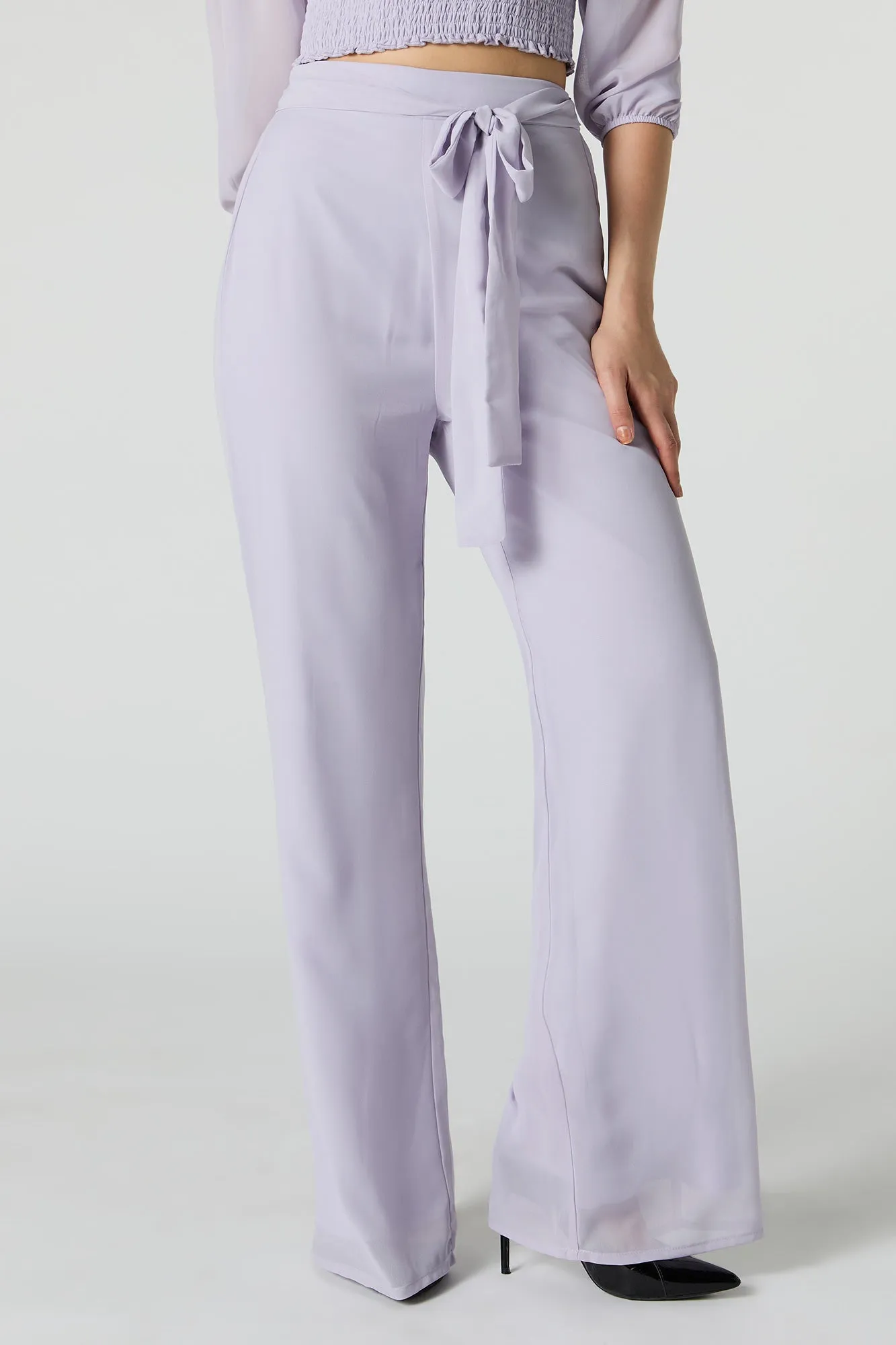 Wide Leg Chiffon Pants with Belt