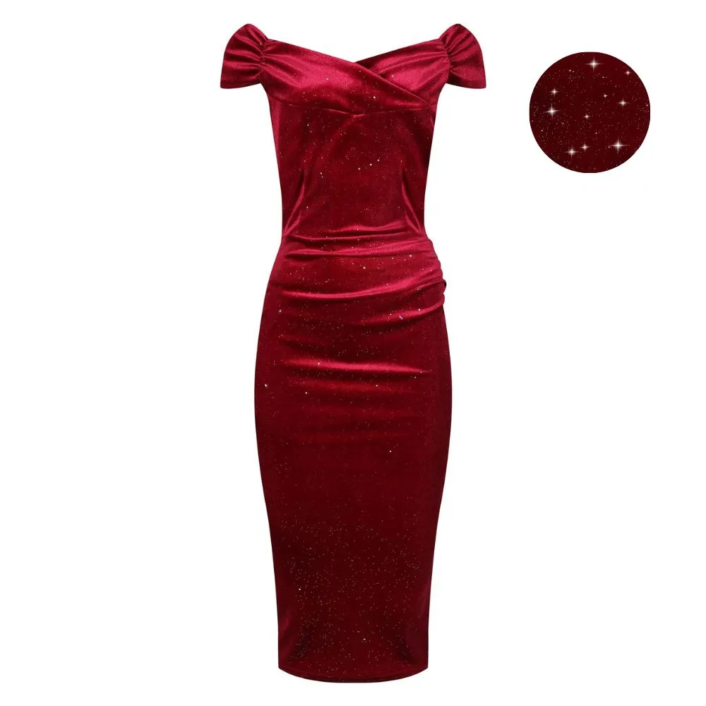 Wine Red Velour Sparkle Bardot Wiggle Dress Cap Sleeve Crossover Top