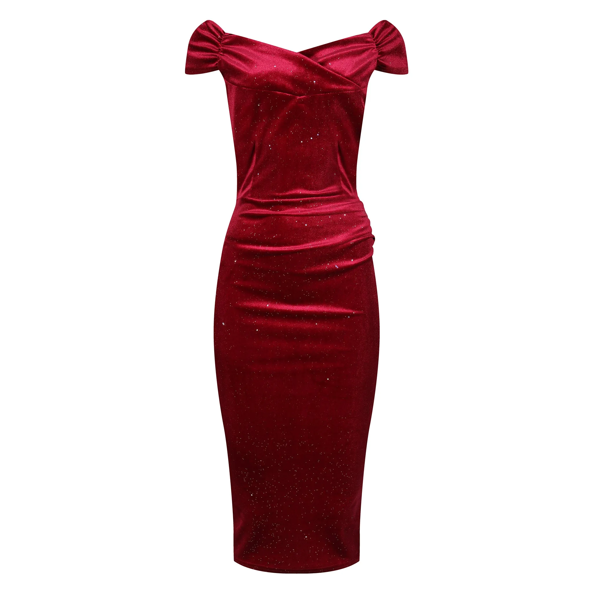 Wine Red Velour Sparkle Bardot Wiggle Dress Cap Sleeve Crossover Top