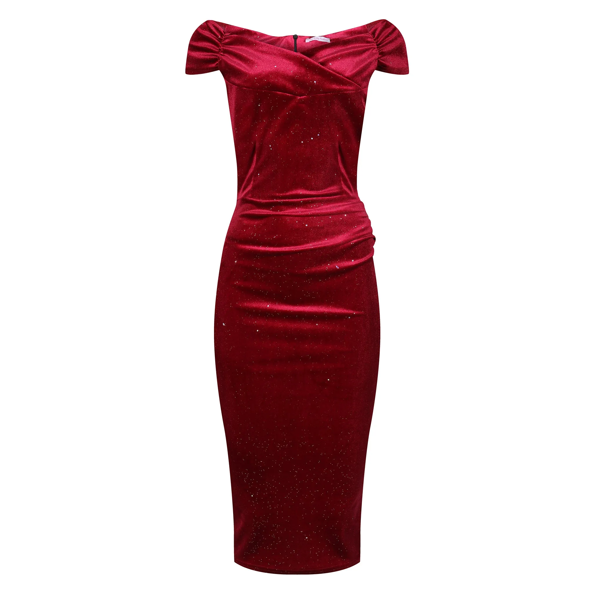 Wine Red Velour Sparkle Bardot Wiggle Dress Cap Sleeve Crossover Top