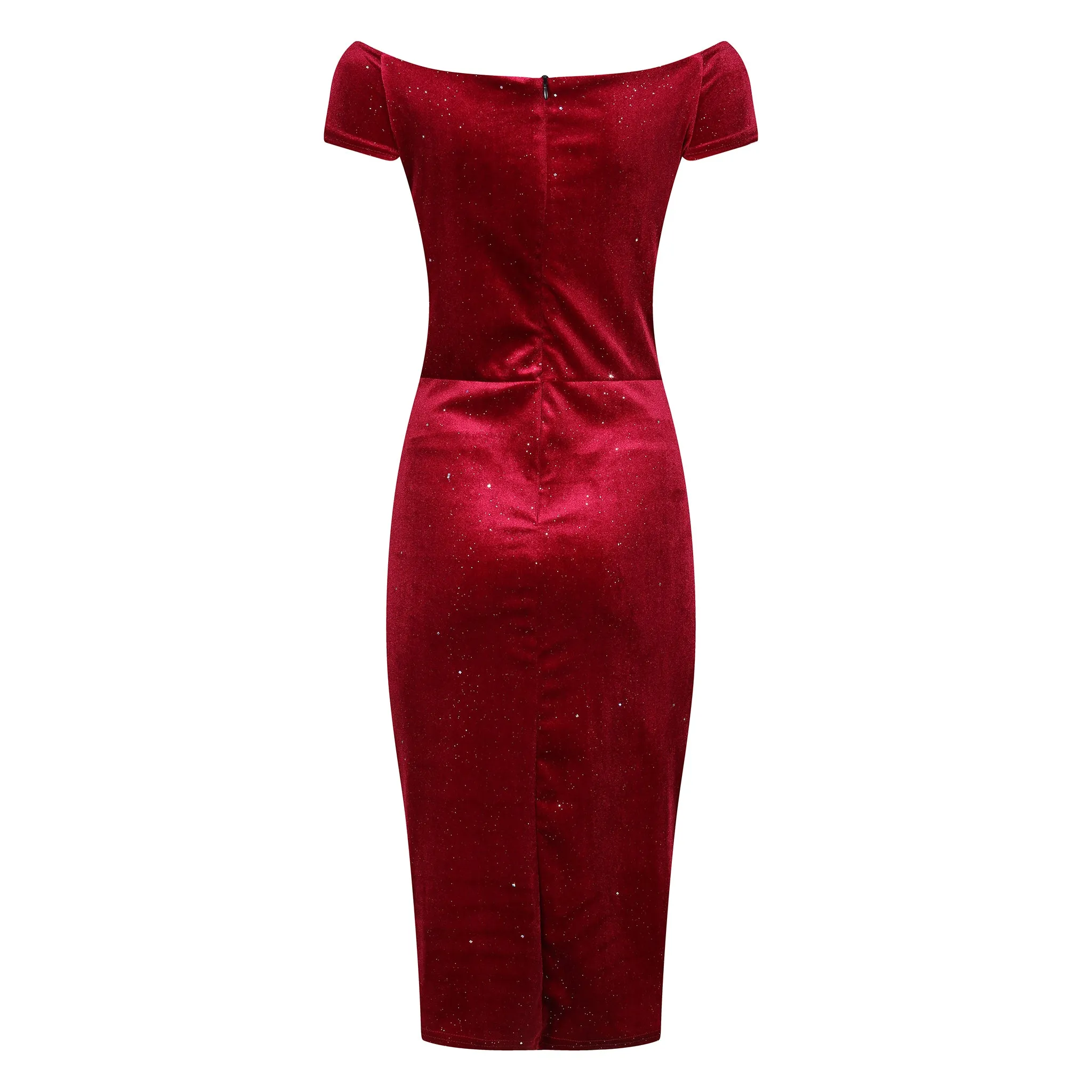 Wine Red Velour Sparkle Bardot Wiggle Dress Cap Sleeve Crossover Top